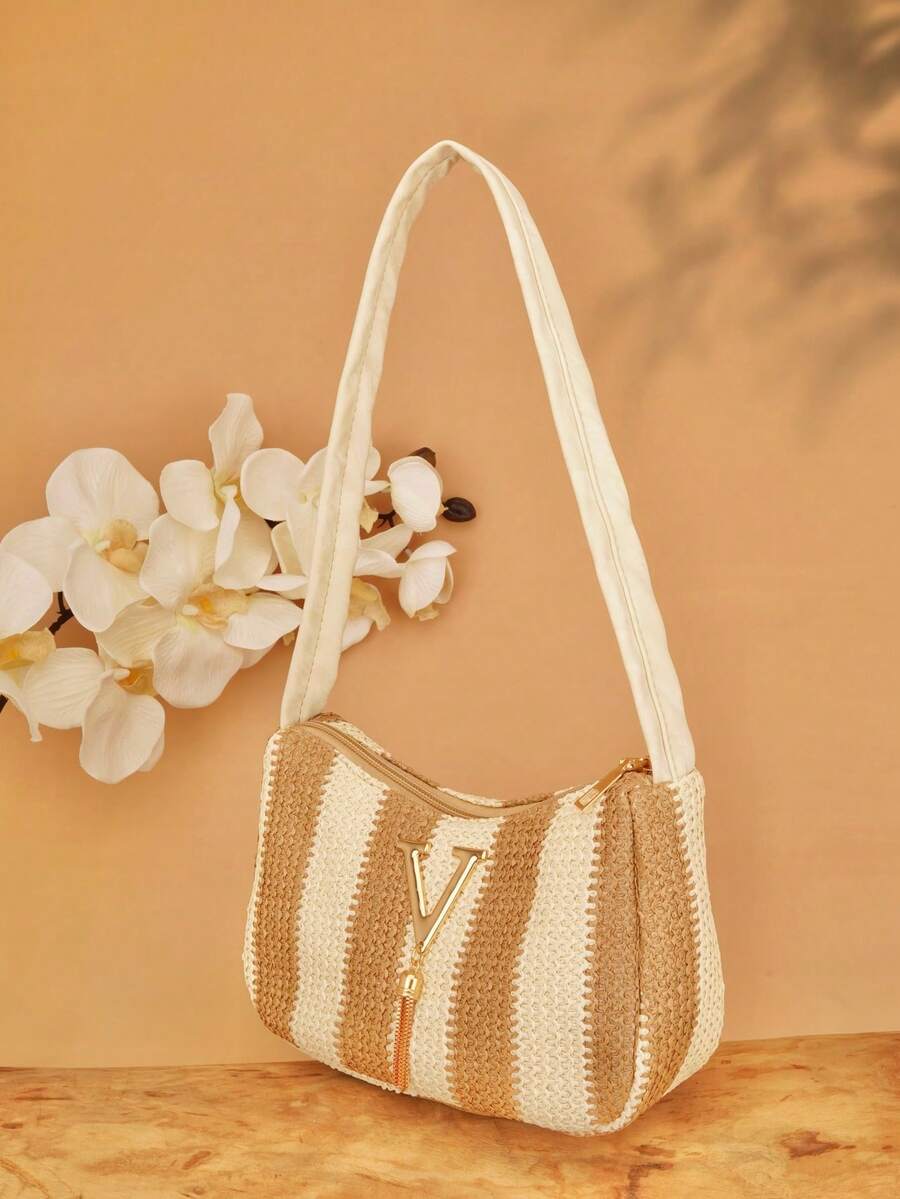 Beige & White Striped Straw Shoulder Bag, Large Capacity Woven Tote Bag, Women's Summer Beach Handbag, Casual Vacation Purse - Apricot - View 1
