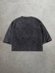 男士街头嘻哈图案方格T恤，微弹修身水洗黑色圆领短袖T恤，休闲日常方格T恤 - 黑色 - 查看 2