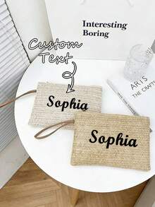 1 pieza Bolso de muñeca tejido personalizado, bolso de embrague de paja con logotipo bordado, incluye colgante con dije dorado, billetera unisex de moda, adecuado como regalo para novio, novia o madre - Multicolor - Ver 6