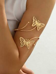 1pc Fashionable Personalized Hollow 3D Butterfly Open Adjustable Metal Arm Cuff Bracelet For Women, Suitable For Music Festival, Dance Party, Party Wear (Butterfly Direction Random) - Gold - View 1