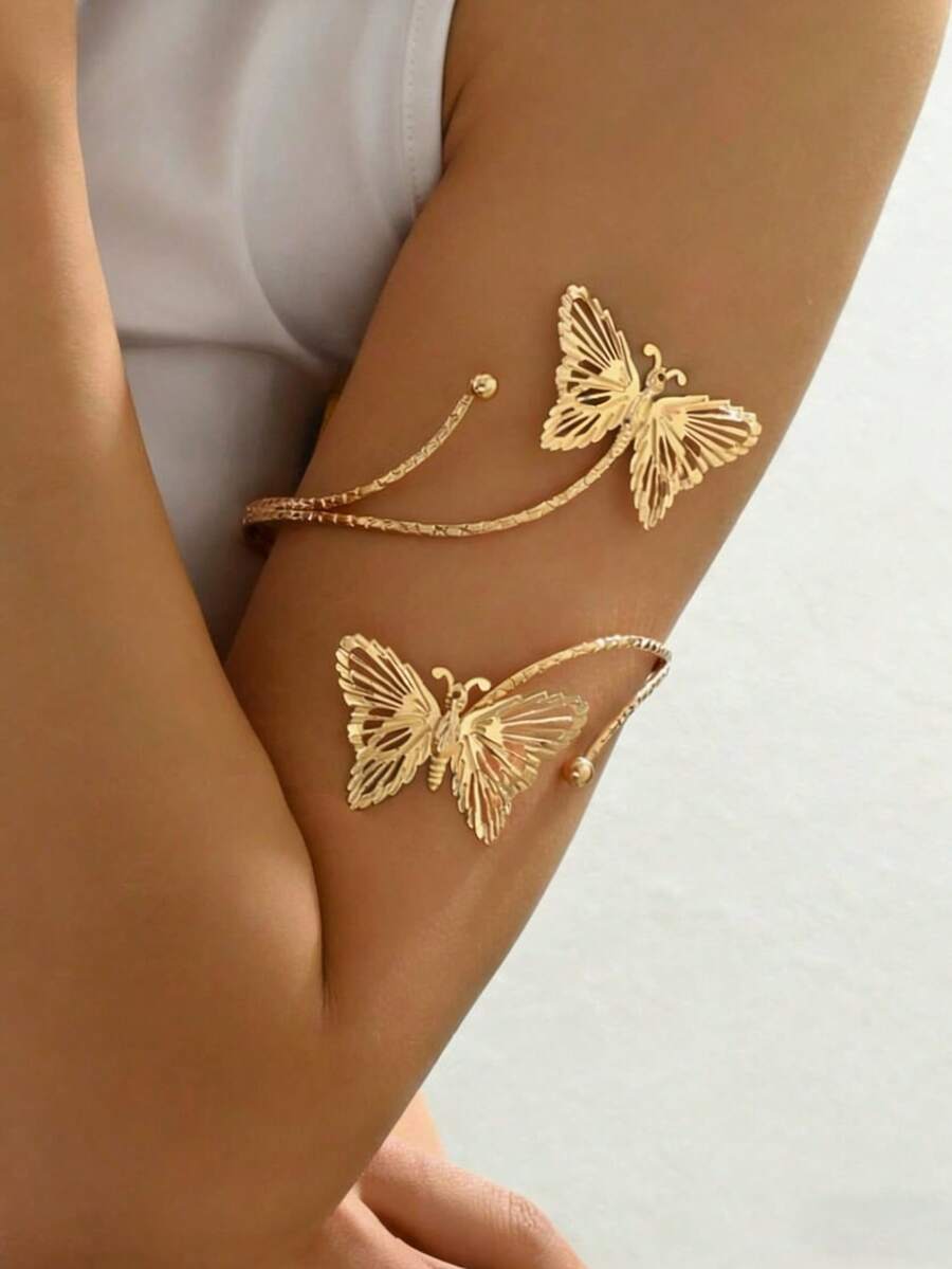 1pc Fashionable Personalized Hollow 3D Butterfly Open Adjustable Metal Arm Cuff Bracelet For Women, Suitable For Music Festival, Dance Party, Party Wear (Butterfly Direction Random) - Gold - View 1