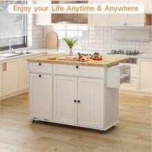 ONBRILL White 60" Kitchen Island With Drop Leaf, Rolling Kitchen On Wheels With Trash Storage Cabinet, Home Bar Islands Table With Spice Rack, Kitchen Island Cart With Towel Rack,  Mobile Island Table For Kitchen - 白色 - 查看 2