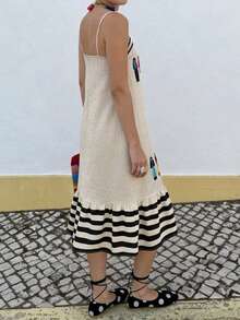 标准尺码女士休闲度假连衣裙，撞色肩带，织带拼接，条纹人物印花，春夏优雅款 - 杏色 - 查看 5