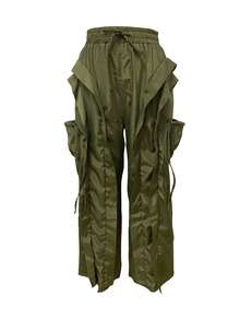 Pantalones rectos sueltos con bolsillos y dobladillo con volantes de unicolor - Verde - Ver 4