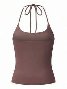 Women's Sexy Halter Backless Double Lined Tank Top Basic Scoop Neck Vest Top Y2k Casual Going Out Camisole - màu nâu - Xem 8