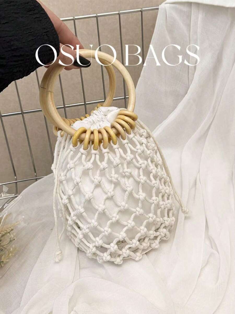 2026 Summer New Woven Round Hollow Design Handbag, Retro Minimalist Style With Drawstring Closure And Dual Ring Handles, Suitable For Beach, Travel And Vacation