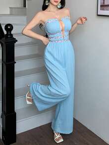 abyoxi 女士浅蓝色褶皱纹理花卉装饰腰带无肩带露背镂空胸前修身收腰阔腿连体裤，休闲度假、浪漫性感、海滩、约会、下午茶、日常外出皆宜，春夏修身长款连体裤 - 淺藍色 - 查看 5