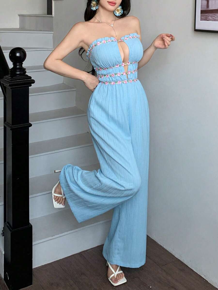 abyoxi 女士浅蓝色纹理荷叶边花卉装饰系带露背露脐阔腿连体裤,休闲度假浪漫性感海滩约会下午茶日常穿着,弹力修身长款连体裤,春夏款 - 淺藍色 - 查看 1