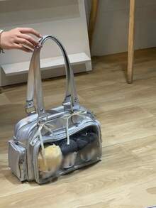 日系原宿风 Ltabag 大容量可爱保龄球包，带徽章元素，多功能手提包、单肩包、背包，女学生适用 - 銀色 - 查看 11