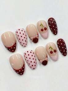30pcs/Set Sweet Wine Red & Pink Polka Dot With Cute Bow & Cherry Pattern Short Almond Shaped Press-On Nails, Includes Gel Polish And Nail File, Ideal For Girls/Women For Daily, Date, Party Wear - 彩色 - 查看 1
