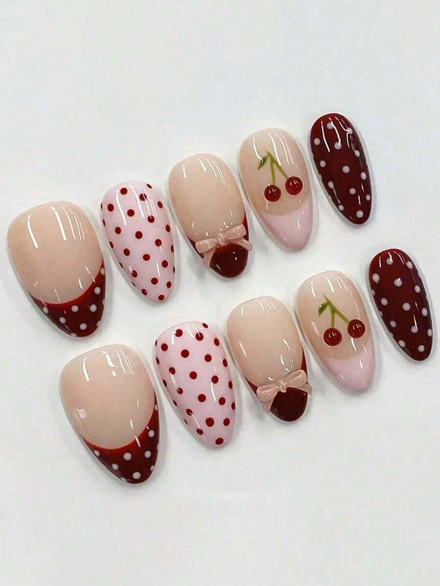 30pcs/Set Sweet Wine Red & Pink Polka Dot With Cute Bow & Cherry Pattern Short Almond Shaped Press-On Nails, Includes Gel Polish And Nail File, Ideal For Girls/Women For Daily, Date, Party Wear - 彩色 - 查看 1
