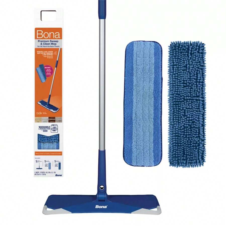 Bona Floor Mop Starter Kit - 2-In-1 Wet + Dry Floor Sweeping + Mopping: Metal Handle, Microfiber Pads, Grip Handle - 1 - View 1