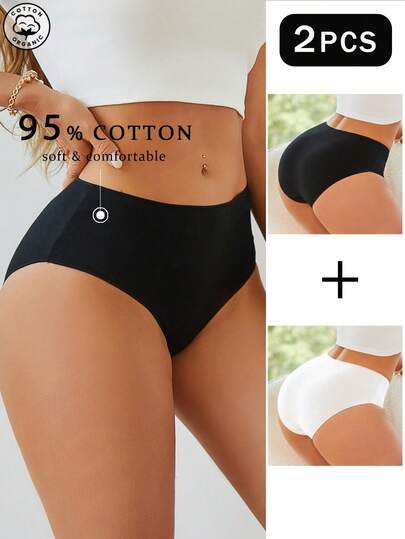 2 chiếc quần lót nữ cạp cao bằng cotton màu trơn, thoải mái và thoáng khí, thích hợp cho kỳ nghỉ và mặc hàng ngày.