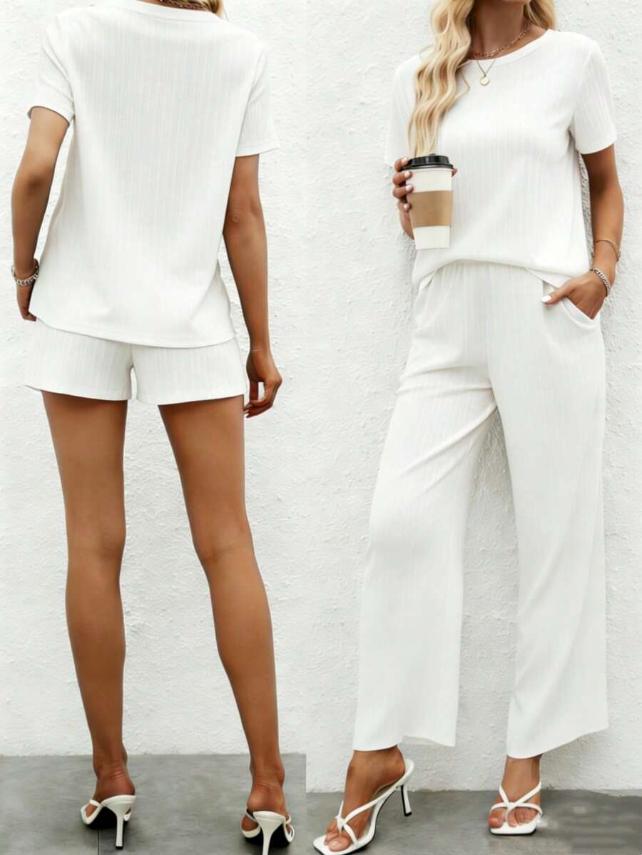 Conjunto de 3 piezas de top de manga corta de cuello redondo y pantalones rectos de pierna ancha con bolsillo y cintura elástica, de tela de poliéster ligera y no transparente, para primavera/verano/otoño - Blanco - Ver 1