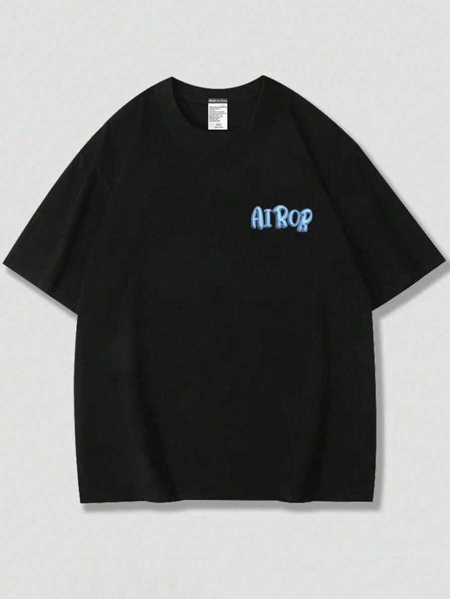 Plus Size Plain Color T-Shirt, Letter Print T-Shirt, Suitable For Daily Commutes, Outdoor Activities In All Seasons. - Black - View 1