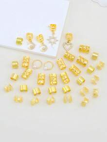 36pcs Gold Hollow Hair Rings, Rhinestone Alloy Pendant, Easter Limited Edition Gold Hair Accessories Set - Gold - View 4