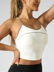 Women's Colorblock Sports Camisole, Built-In Padded Bra, Racerback Design, Supportive Yoga Workout Top Suitable For Fitness, Running - Creamy White - View 6