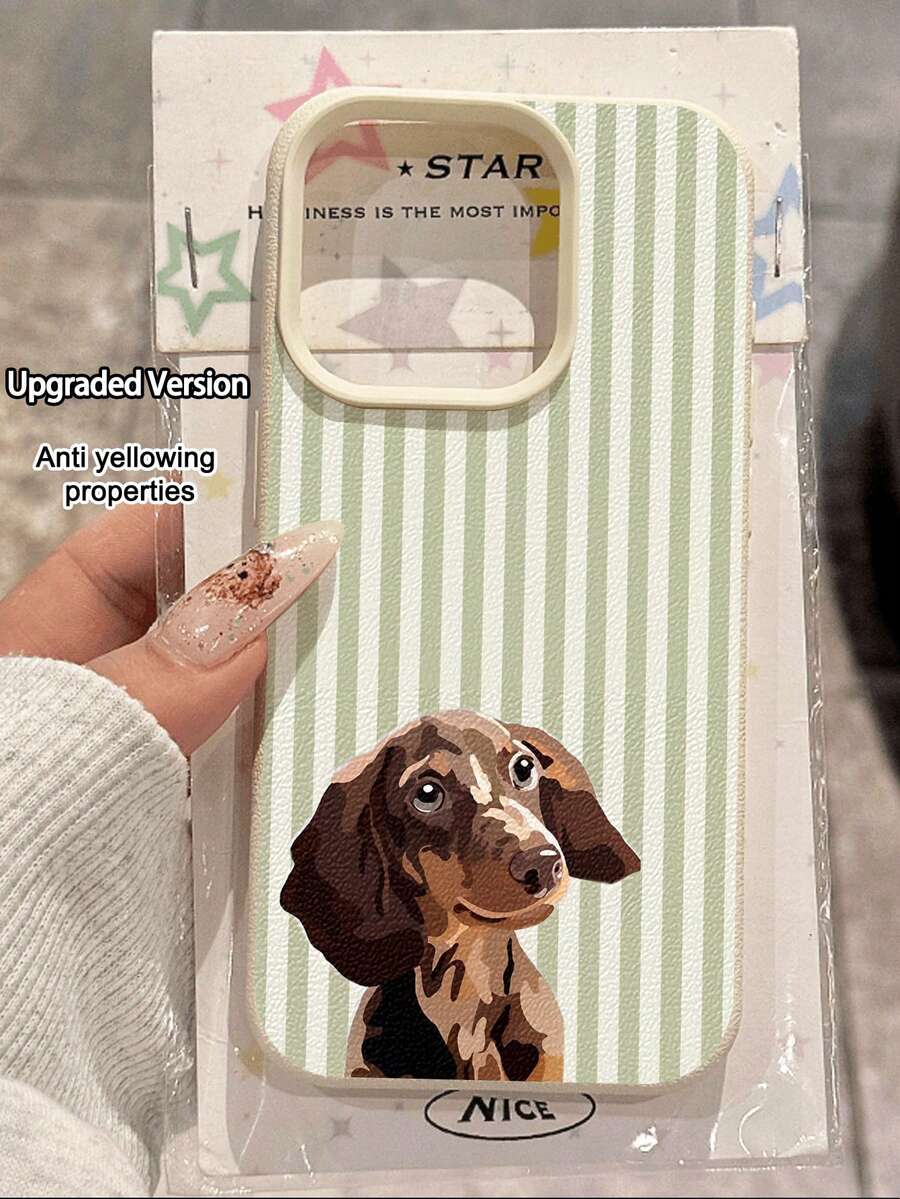 1pc Cute Minimalist Green Striped Puppy Pattern Soft Textured Anti-Slip Protective Phone Case, Compatible With Apple, Phones - Multicolor - View 1