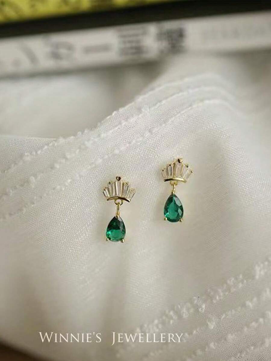 1 Đôi bông tai mặt dây chuyền hình giọt nước bằng bạc sterling 925, đính đá Zirconia Emerald, bông tai hình vương miện Zirconia, mạ vàng tinh xảo, thích hợp sử dụng hàng ngày, dự đám cưới, tiệc tùng, du lịch. - bông tai hình giọt nước vương miện - Xem 1