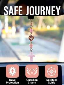 Decoração de Espelho Retrovisor de Carro com Cruz de Cristal Natural, Cristal Religioso para Interior de Carro, Pingente em Forma de Coração com Cruz, Conjunto Espiritual de Guarda, Presente de Feriado para Mulheres - Cruz de Cristal - Visão 2