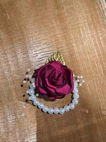 1 pieza/2 piezas Broche y corsage de muñeca con flor de rosa burdeos y hojas doradas, adecuado para novio, novia, padrino, dama de honor, decoración de boda, eventos formales, fiestas - Burdeos - Ver 8