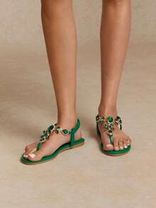 Tropiscape Green Rhinestone Soft Bottom Thong Sandals Women Summer Bohemian Anti-Slip Lightweight Roman Style Flat Sandals For Ladies - Green - View 2