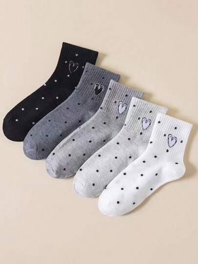 5 paia di calze a mezza gamba da donna con motivi a cuori e pois, confortevoli e versatili per l'uso quotidiano