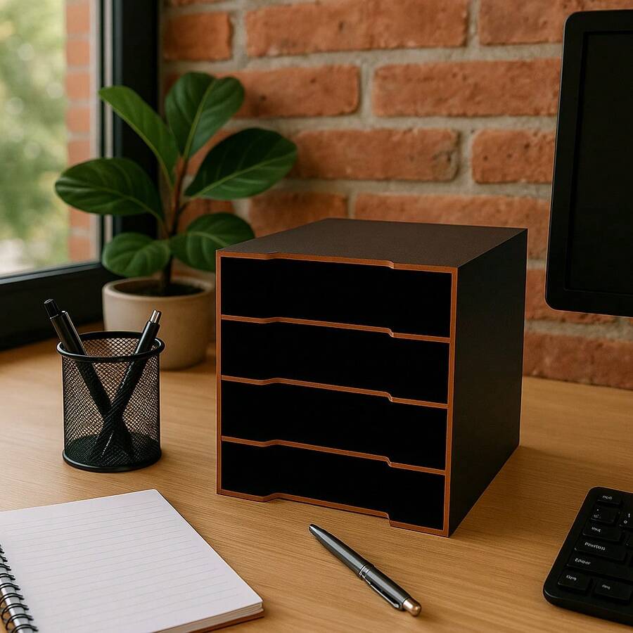 Paper Organizer With 5 Compartments In MDF - Choose Your Color - Negro - Ver 1