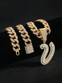 嘻哈风镶钻链，配定制草书字母吊坠，镀金项链，个性化首字母首饰 - 嘻哈字母項鍊 - 查看 22