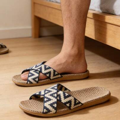 Men's Linen Slippers For Summer, Lightweight Non-Slip Indoor Bedroom Slippers