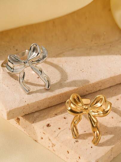18K Gold Plated Stainless Steel Bow Knot Ring, Elegant Satin Bow Tie Ring, Suitable For Women/Mother's Day, Wedding/Holidays, Also An Ideal Gift For Valentine's Day And Mother's Day