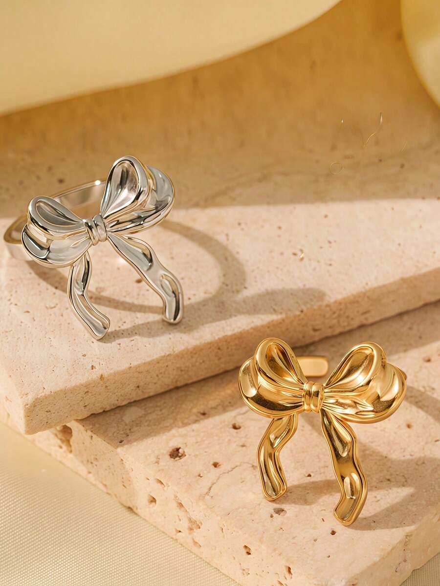 Bague nœud en acier inoxydable plaqué or 18K, bague nœud ruban élégante, convient pour les femmes/cadeau de la fête des mères - anneau - Voir 1