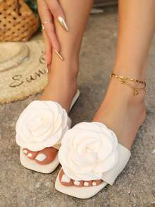 夏季户外玫瑰图案拖鞋、新款仙女风平底凉鞋搭配连衣裙、时尚单带沙滩凉鞋和家居拖鞋 - 拖鞋 - 查看 4
