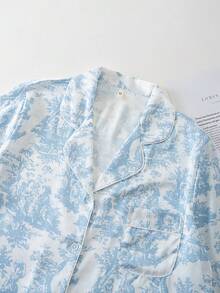 2件套女士印花休闲翻领长袖睡衣套装，家居服 - 霧霾藍 - 查看 4