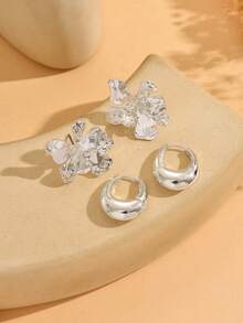 4pcs/Set Fashionable Versatile Platinum Flower & Teardrop Earrings - Silver - View 5