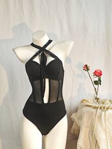 Women's Black Halter Crisscross Lace Tie Mesh Bodysuit - Black - View 9