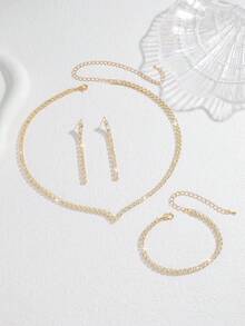 3pcs/Set Gold V-Shaped Elegant Crystal Necklace, Earrings, Bracelet Jewelry Set - Graceful And Versatile, Suitable For Women's Daily Wear, Weddings, Parties, Etc. - Yellow Gold - View 3