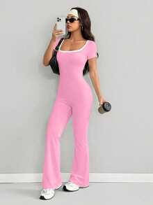 AITYI Studio Women's Pink Jumpsuit, Square Neck Short Sleeve Contrast Color Fashion Design, Hollow-Out Backless Fitness Sports Shaping Slim Comfortable Elegant Y2K Style Suitable For Daily, Commute, Party, Holiday Outfit. Suitable For Independence Day, Back To School, Pride Month, Carnival, Music Festival, Mother's Day. New Spring/Summer Short Sleeve Comfortable Knit Flared Leg Jumpsuit - Pink - View 4