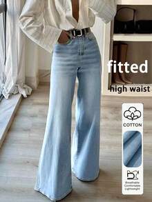 纯色休闲拉链口袋纽扣门襟无弹力牛仔裤，女士款，适合返校、日常穿着、休闲和度假。 - 淺色水洗藍 - 查看 1