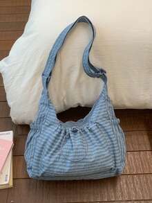 格子女士单肩包，休闲百搭可折叠拉链封口可调节肩带手提包，适合日常使用，学生/大学生适用，简约可爱褶皱多口袋抽绳前袋布包，卡哇伊 - 彩色 - 查看 19