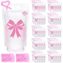 Juego de 100 bolsas de bebidas con lazo rosa para el día de Galentine con pajitas 16 onzas bolsas de bebidas para bodas cumpleaños Y2k despedida de soltera arco rosa suministros para - Rosa - Ver 1