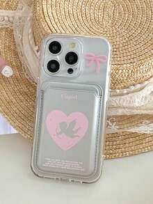1pc Transparent Magnetic Bow Phone Case + Heart Angel Magnetic PU Leather Card Holder TPU Shockproof Phone Case Suitable For IPhone11/12/13/14/15/16/17/PROMAX - Clear - View 3