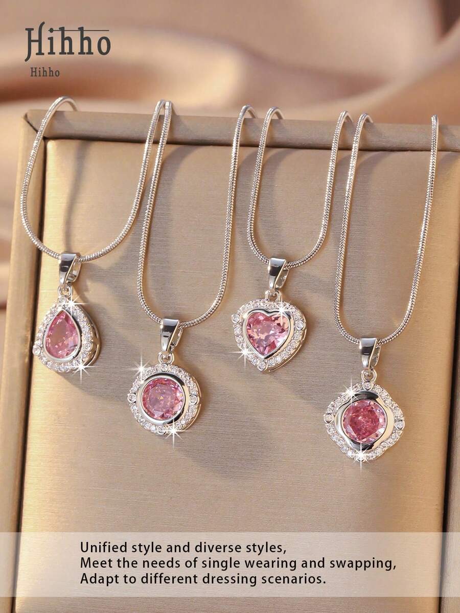 Hihho 1件奢华粉色锆石镶边项链，精致少女风首饰，送给女朋友/闺蜜的礼物 - 銀色 - 查看 1