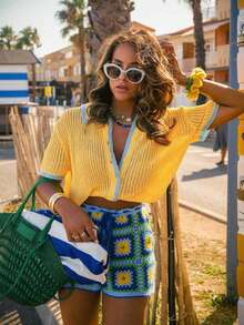 Plus Size Yellow Crochet Knit Cardigan, Color Trim Collared Short Sleeve Button Up Top, Casual Summer Cover Up For Vacation & Beach - Yellow - View 7