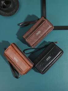 经典棕色纹理男女通用钱包，带双拉链隔层和卡槽，适合商务和日常使用。 - 彩色 - 查看 10