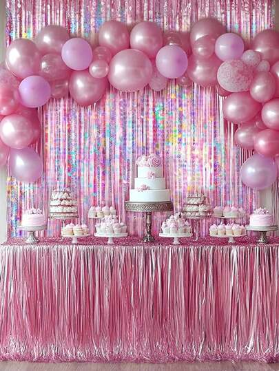 2 piezas Cortina con flecos de lentejuelas rosa y fondo con brillo dorado, adecuado para cumpleaños, bodas, fiestas, temas de discoteca de los 70s, 80s y 90s, despedida de soltera, fiesta arcoíris, decoración del Día de la Madre, decoración de fiestas, decoración de cumpleaños, decoración de graduación