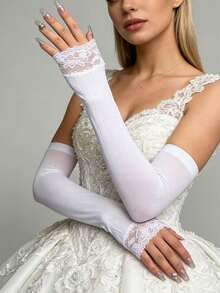 1 đôi tay áo ren mỏng màu trắng, thích hợp cho đám cưới, mặc ngoài trời để che chắn và bảo vệ da. - trắng - Xem 2