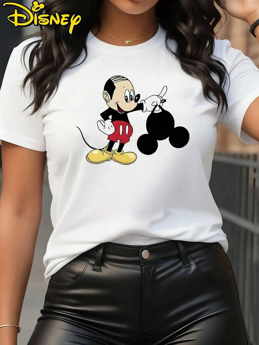 Disney Women' Mickey Mouse T-Shirt - Official Licensed Mickey Ears & Iconic Print, Soft Stretchy Loose Fit Round Neck Short Sleeve Top, Casual Summer Blouse Suitable For Casual Attire, Themed Parties, Machine Washable - 白色 - 查看 1