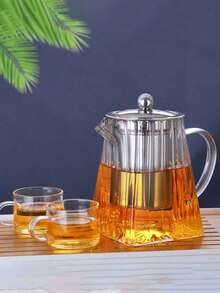 1pc Creative Round Top & Square Bottom Heat-Resistant Glass Teapot, Stainless Steel Filter, Kung Fu Tea Set, Striped Square Teapot With Stainless Steel Infuser, Glass Teapot With Filter, Kung Fu Tea Set - Transparent - View 7
