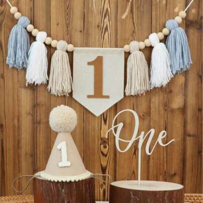 Handmade 1st Birthday Decoration Blue Pom Pom Hat, 1 Year Old Birthday Hat, Blue & Khaki Yarn Tassel Hanging Decor For Bedroom